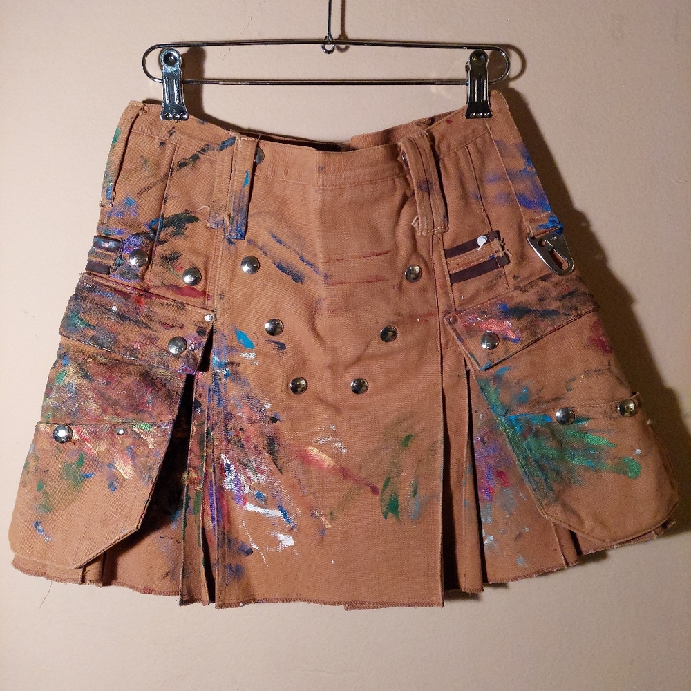 Utilikilt Kilt custom painted brown paint splatter festival Coachella grunge. S